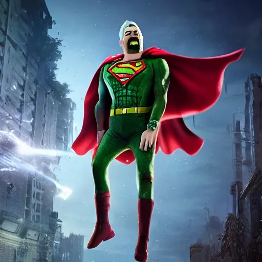 Image similar to pickle rick as superman! flying in ( gears of war ), splash art, movie still, detailed face, photorealistic facial features, cinematic lighting, dramatic, octane render, long lens, shallow depth of field, bokeh, anamorphic lens flare, 8 k, hyper detailed, 3 5 mm film grain