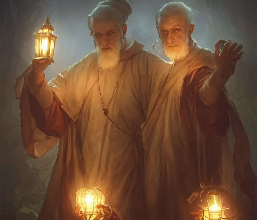 Image similar to male senior cleric holding a lantern surrounded by zombies, highly detailed, digital painting, artstation, concept art, smooth, sharp focus, illustration, art by artgerm and greg rutkowski and alphonse mucha and andrei riabovitchev