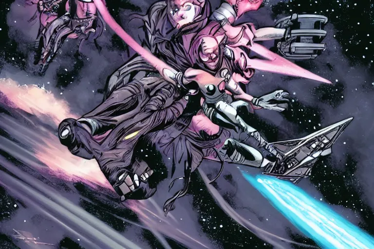 Prompt: A daemonette attacking a space fighter. Beautiful comic art.