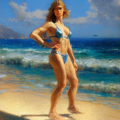 Image similar to detailed cinematic shot of the terminator on the mediterranean beach, spring light, painting by gaston bussiere, craig mullins, j. c. leyendecker