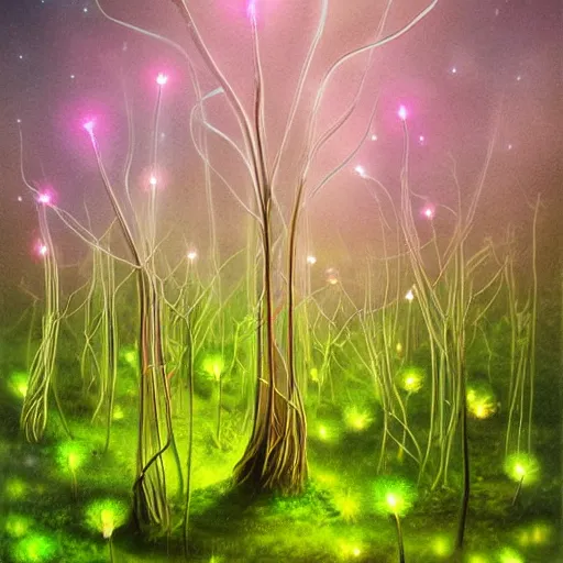 Image similar to field of luminescent pink and blue mycena fungi, emitting spore clouds, midnight, moonlight, fantasy art, mysterious, magical, hyperrealistic, detailed, soft lighting, fireflies