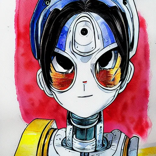 Image similar to a robot face, anime style, akira style, watercolors