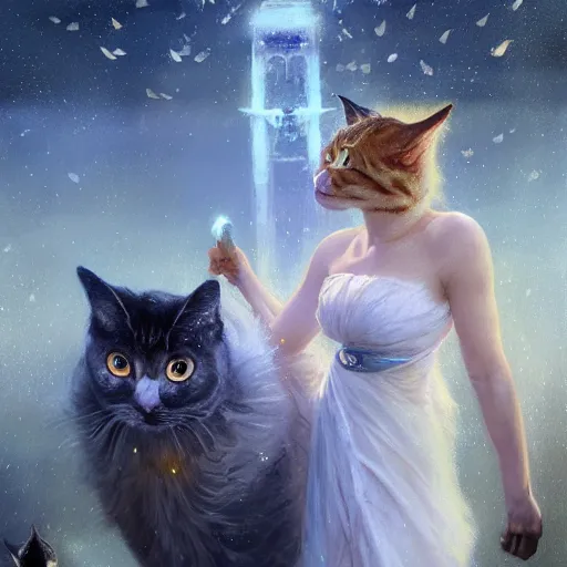 Image similar to hyperrealistic portrait of a woman flying a broom above a bladedrunner city among cats as fireflies wearing white swan dress long feathers and sapphire jewellery by jeremy mann and alphonse mucha, fantasy art, photo realistic, dynamic lighting, artstation, poster, volumetric lighting, very detailed faces, 4 k, award winning