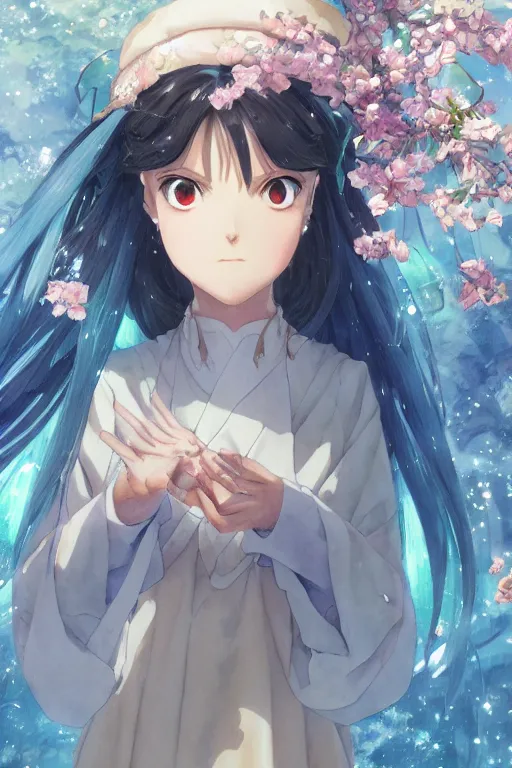 Image similar to beautiful female mage royalty, digital art, 8k, character, realistic, portrait, photorealism, japan watercolour, masterpiece art, manga and anime, official Kyoto Animation and Studio Ghibli anime screenshot, by Range Murata and Makoto Shinkai