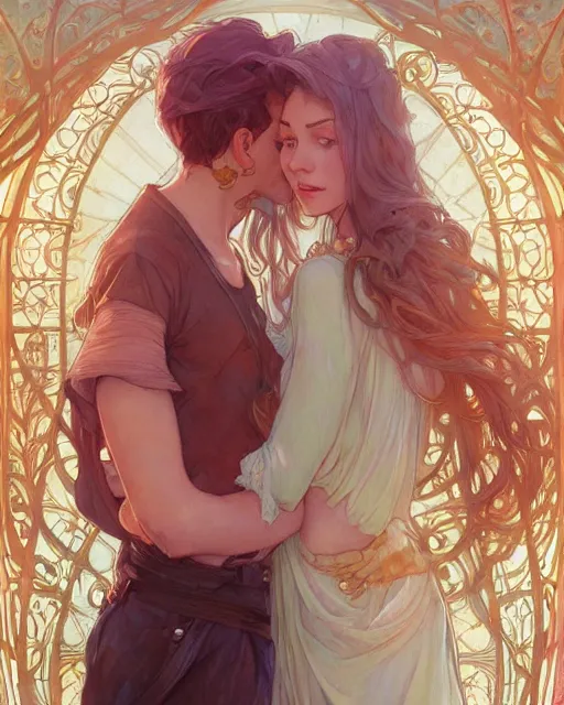 Image similar to secret romance, highly detailed, gold filigree, romantic storybook fantasy, soft cinematic lighting, award, disney concept art watercolor illustration by mandy jurgens and alphonse mucha and alena aenami, pastel color palette, featured on artstation