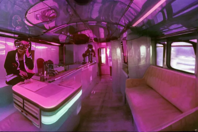 Prompt: high-angle view of athletic female jellyfish human hybrid wearing shiny discowear and visor shades, inside of an unlit 1970s luxury bungalow with a soviet computer console and a glass floor showing a subway train car, ektachrome photograph, volumetric lighting, 35mm f8 aperture