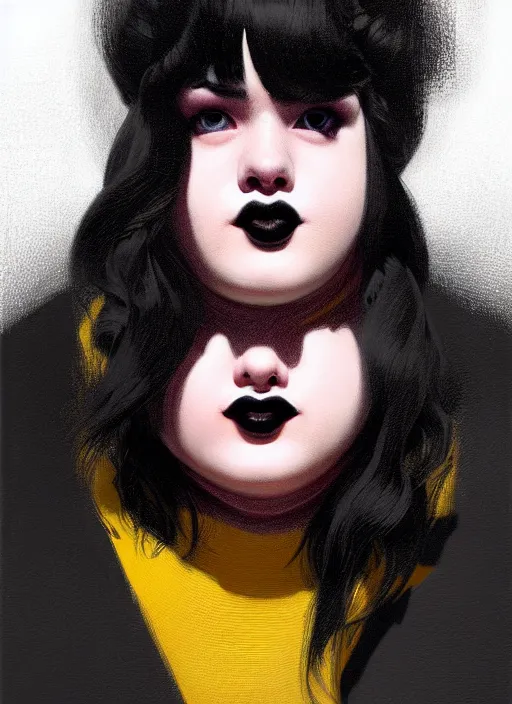 Image similar to portrait of a plump teenager with a crooked nose and a confident expression, 1 9 6 0 s, black clothes, goth, punk, brightly coloured hair, funk, intricate, elegant, highly detailed, digital painting, artstation, concept art, smooth, sharp focus, illustration, art by wlop, mars ravelo and greg rutkowski