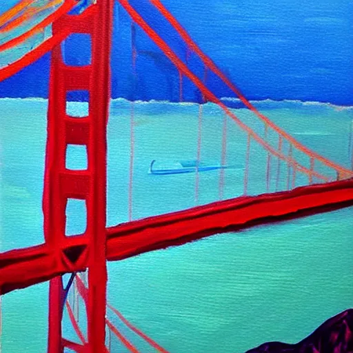 Prompt: a painting of the golden gate bridge in san francisco, a fine art painting by elaine duillo, featured on dribble, american scene painting, nightscape, impressionism, acrylic art,