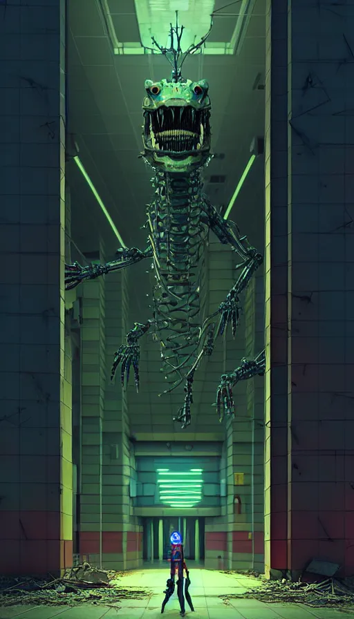 Prompt: biomechanical cybernetic monster creature in the dark abandoned mall, 3 d artwork by simon stalenhag tooth wu ande beeple