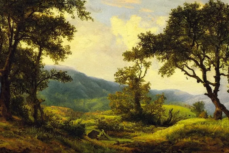 Prompt: masterpiece painting of oak trees on a hillside overlooking a creek, by gunnar mauritz widforss