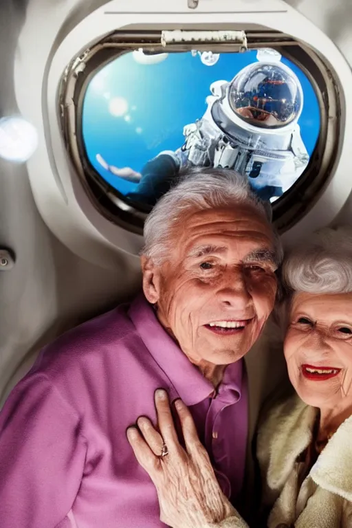 Image similar to photo of glamorous elderly couple in a spaceship with a window looking out to orbit