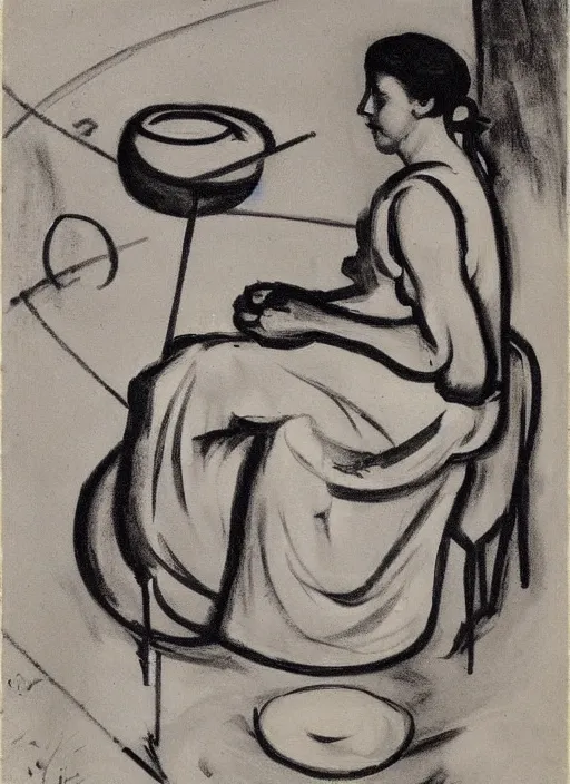 Prompt: abstract stylized charcoal drawing of a woman sitting at a pottery wheel working on a vase, john singer sargent, van gogh, miro, vermeer