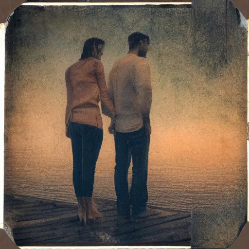 Prompt: A beautiful digital art of a man and a woman are standing on a dock, looking out at a body of water. The woman has her hand on the man's shoulder, and they appear to be deep in conversation. The colors in the digital art are muted, and the scene has a calming feeling. tintype by Hans Baluschek, by Brad Kunkle tired, neat