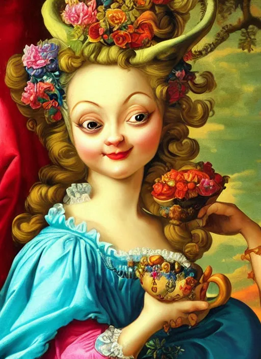 Prompt: baroque rococo painting Royal Fancy Goblin Hildebrandt Lisa Frank high detail cute whimsical close up