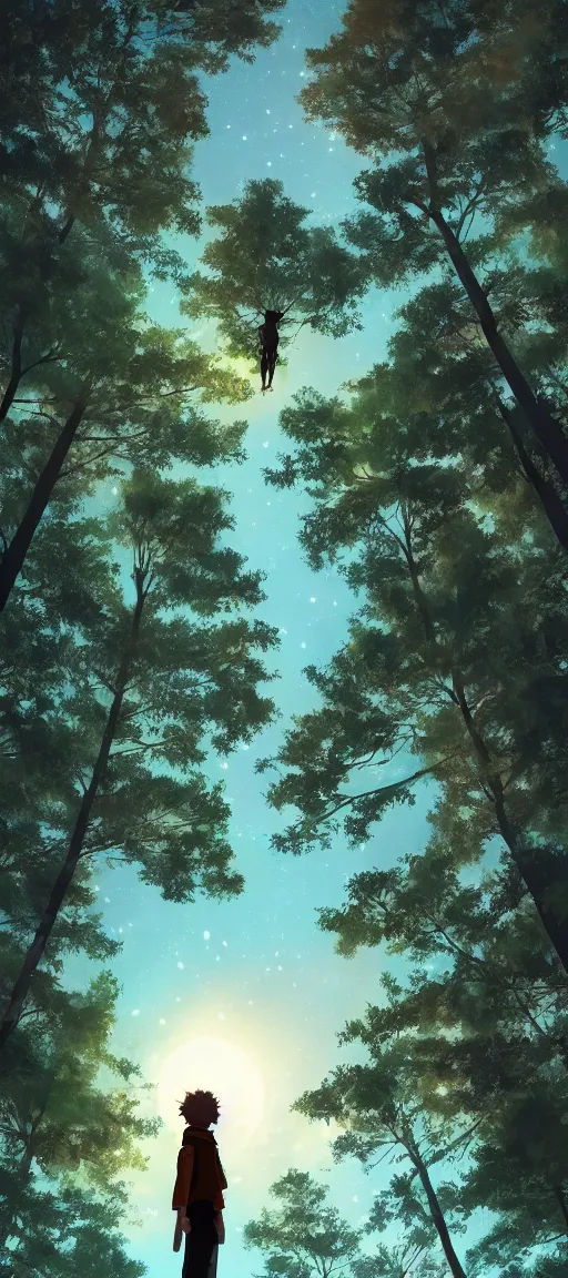 Image similar to vertical panoramic anime still of a character looking up, tall trees, nighttime with fireflies, young character, trending on artstation, digital art