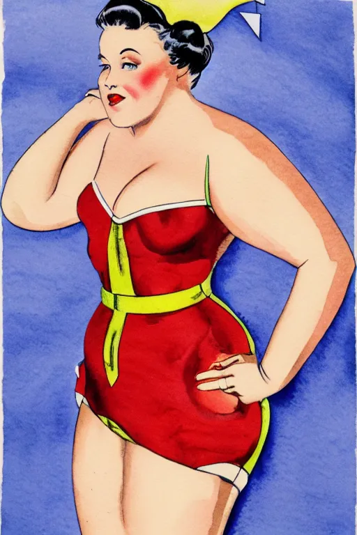 Prompt: A detailed upper body portrait of an obese 1940s pinup girl wearing a provocative majorette uniform. Anatomically correct, zaftig. Beautiful watercolor, inked lines. In the style of Heade and Karol Bak.