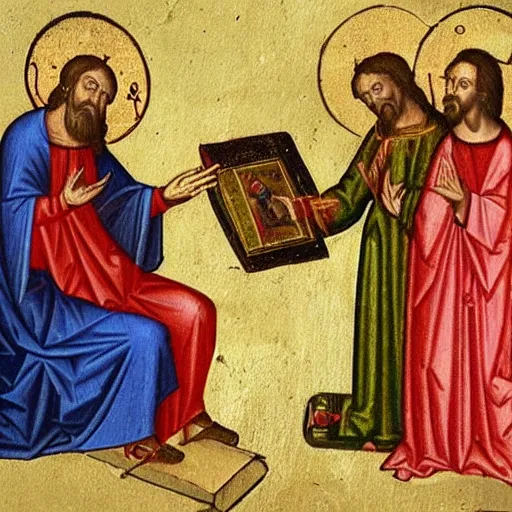 Prompt: Medieval painting of Jesus giving people an Ipod. High resolution. Highly detailed. Art station. 8k