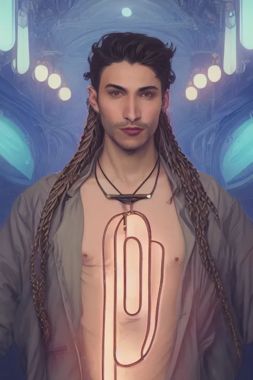 Prompt: 3 / 4 portrait, male vampire of clan banu haqim, light brown skin, night, loose braided blue hair, beautiful, in a modern city, neon signs, jewelry, tattoos, alphonse mucha, william bouguereau, rossdraws, greg rutkowski, super detailed, realistic, octane render, volumetric, cinematic, 8 k