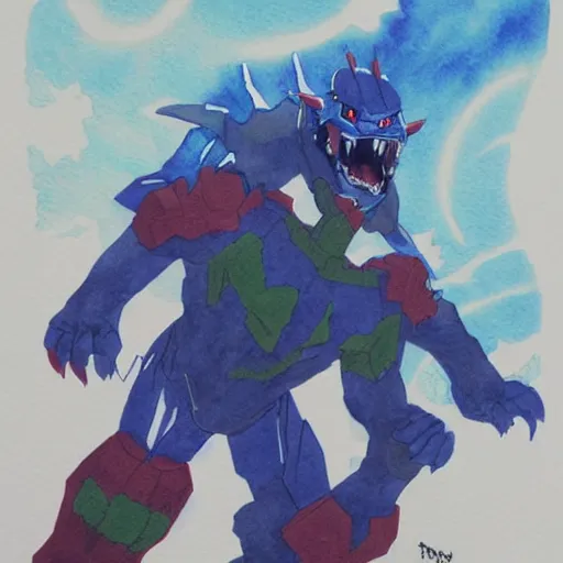 Image similar to voltron fighting Godzilla, watercolor painting