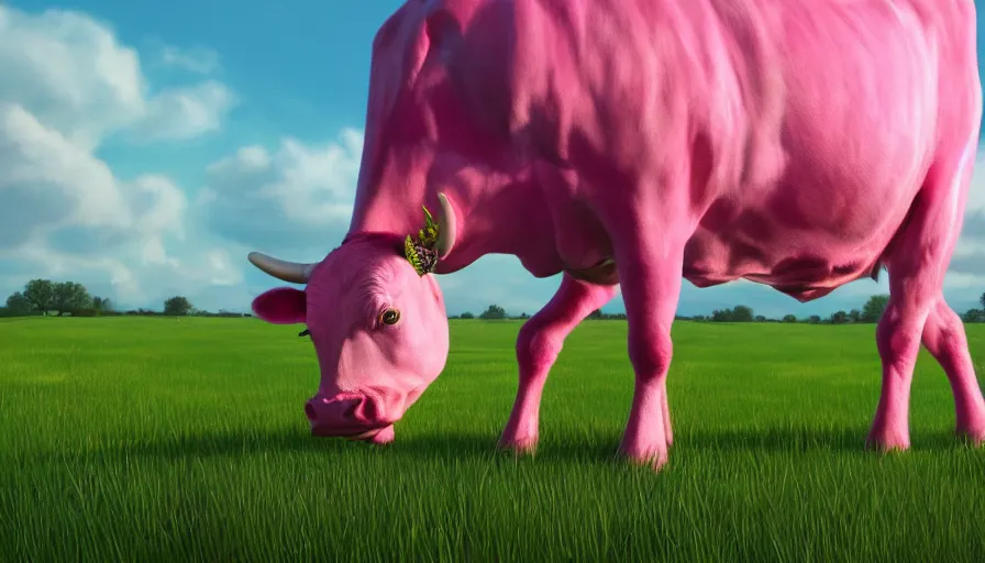 Pink Cow in Meadow · Creative Fabrica