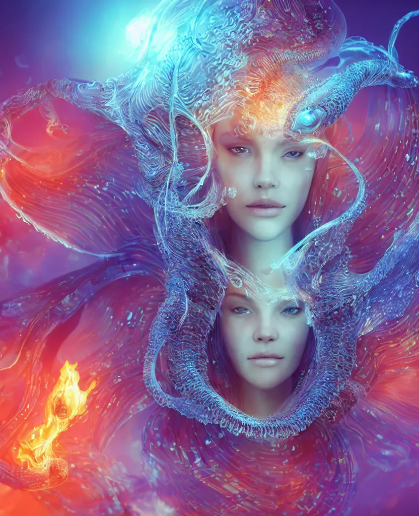 Image similar to close-up macro portrait of the face of a beautiful princess, epic angle and pose, symmetrical artwork, 3d with depth of field, blurred background, cybernetic jellyfish female face skull phoenix bird, translucent, nautilus, energy flows of water and fire. a highly detailed epic cinematic concept art CG render. made in Maya, Blender and Photoshop, octane render, excellent composition, cinematic dystopian brutalist atmosphere, dynamic dramatic cinematic lighting, aesthetic, very inspirational, arthouse. y Greg Rutkowski, Ilya Kuvshinov, WLOP, Stanley Artgerm Lau, Ruan Jia and Fenghua Zhong