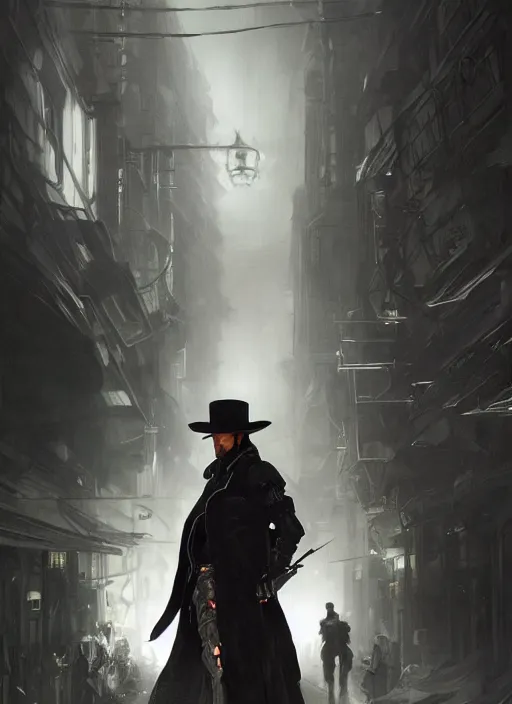 Prompt: a Photorealistic dramatic hyperrealistic render of a male cyborg dressed as a cowboy weaing a long black coat with a black cowboy hat, brilliant white eyes, short white hair,by WLOP,Artgerm,Greg Rutkowski,Alphonse Mucha, Beautiful dynamic dramatic dark moody lighting,shadows,cinematic atmosphere,Artstation,concept design art,Octane render,8K