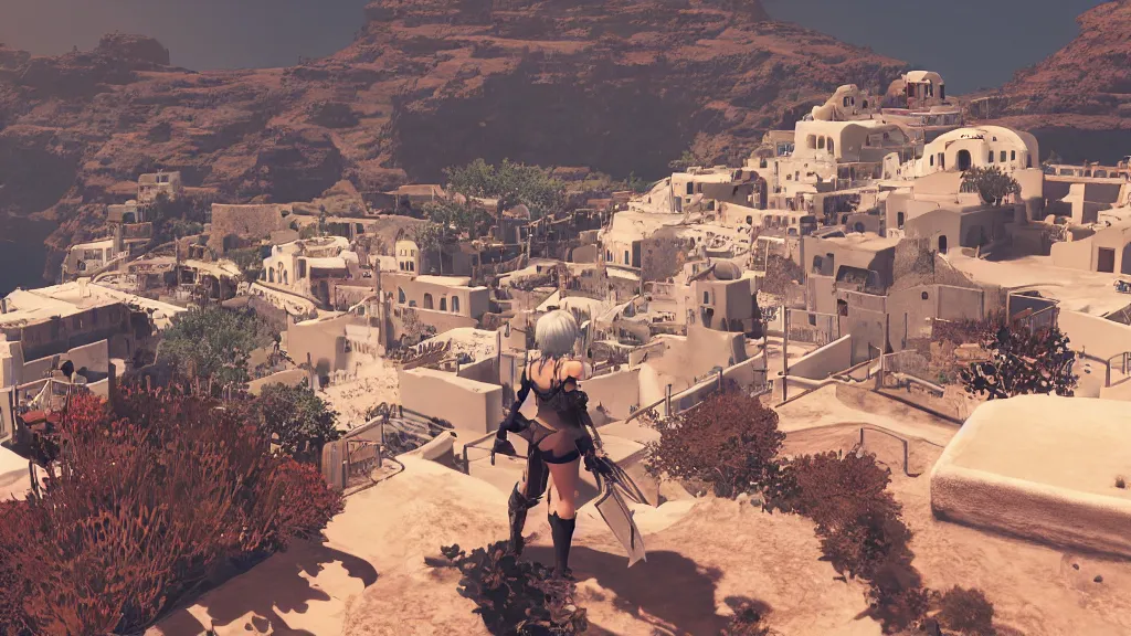 Prompt: Screenshot from Nier Automata, beautiful landscape in Santorini