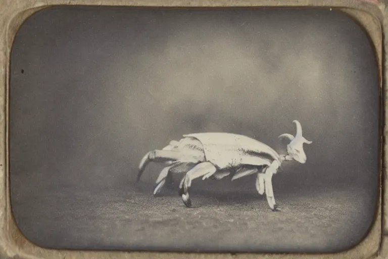 Image similar to a tintype photo of a crab goat hybrid