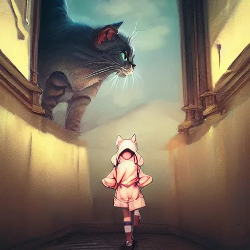 Image similar to very small little girl in a cat hoodie by ross tran, walking in a castle painted by sana takeda, rtx reflections, very high intricate details, digital anime art by artgerm, medium shot, mid - shot, composition by ilya kuvshinov, lighting by greg rutkowski