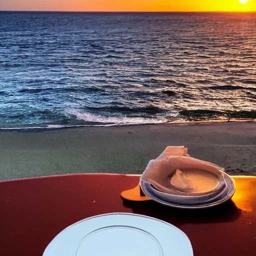 Image similar to photo of a white dish over a table with a sunset on the beach in the background