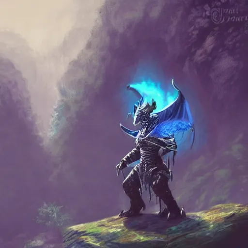 Image similar to A dragonborn with blue scales in a rainforest, trending on artstation, digital art