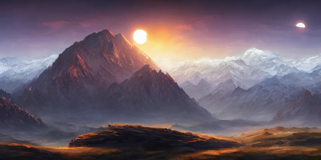 Image similar to large mountains in the distance, solar eclipse, landscape wallpaper, d&d art, fantasy, painted, 4k, high detail, sharp focus, artstation