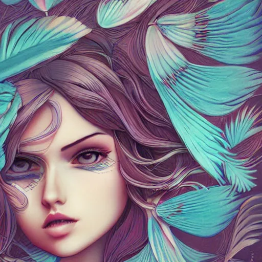 Image similar to skydoll noa, by alessandro barbucci, by loish, by audrey kawasaki, barbbara cannepa global illumination, feathers texture overlays