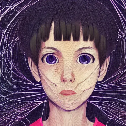 Image similar to beautiful pure evil teenager lain, cute haircut, with hundreds of network cables, neatly coming out of her head, a part of her face panel is showing, she is in pure bliss, chaos, bizarre, strange, portrait, painting, soft and intricate, fine lines