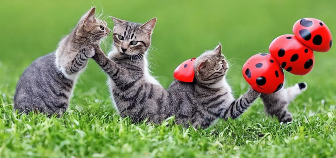 Image similar to cute cats play fighting with a ladybug