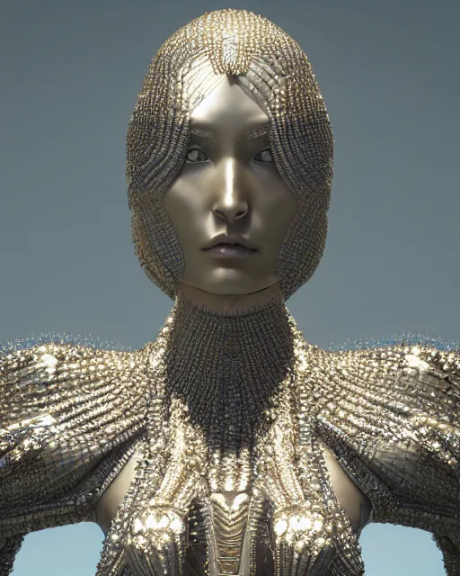 Image similar to a highly detailed metahuman 4 k close up render of an alien goddess bella hadid monument in iris van herpen armor schiaparelli in diamonds crystals swarovski and jewelry iridescent in style of alphonse mucha gustav klimt trending on artstation made in unreal engine 4