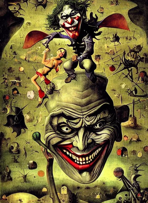 Image similar to portrait of the joker stars in the sky fairies with detailed faces enchanted forest on the ground psychedelic wide angle shot white background vector art illustration gears of war by hieronymus bosch and frank frazetta