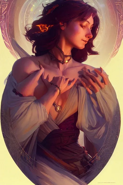 Image similar to beautiful sorceress, accurate anatomy, only two hands, highly detailed, digital painting, artstation, concept art, smooth, sharp focus, illustration, Unreal Engine 5, 8K, art by ross tran and greg rutkowski and alphonse Mucha