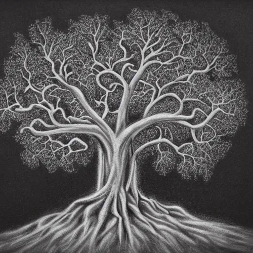 Prompt: oak tree with huge vines standing alone in a field with fractal pattern branches clear focus, concept art, charcoal drawing