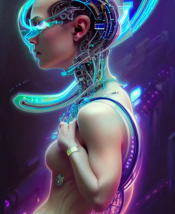 Image similar to a whirlwind of souls rushing inside the metaverse, hologram, half body, neurochip, shaved temple, piercing, jewelry, android, cyborg, cyberpunk face, by loish, d & d, fantasy, intricate, elegant, highly detailed, colorful, digital painting, artstation, concept art, art by artgerm and greg rutkowski and alphonse mucha