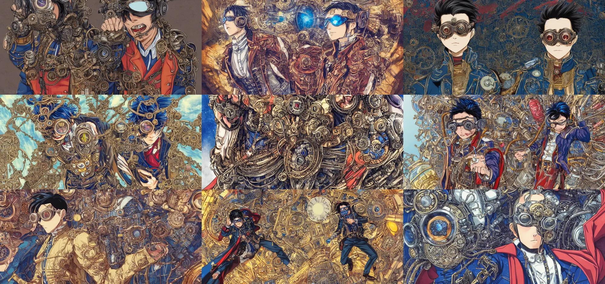 Prompt: hyper detailed comic illustration of a steampunk anime Superman wearing goggles and an intricate Victorian jacket, markings on his face, by Hayao Miyazaki intricate details, bright vibrant colors , solid background, low angle fish eye lens