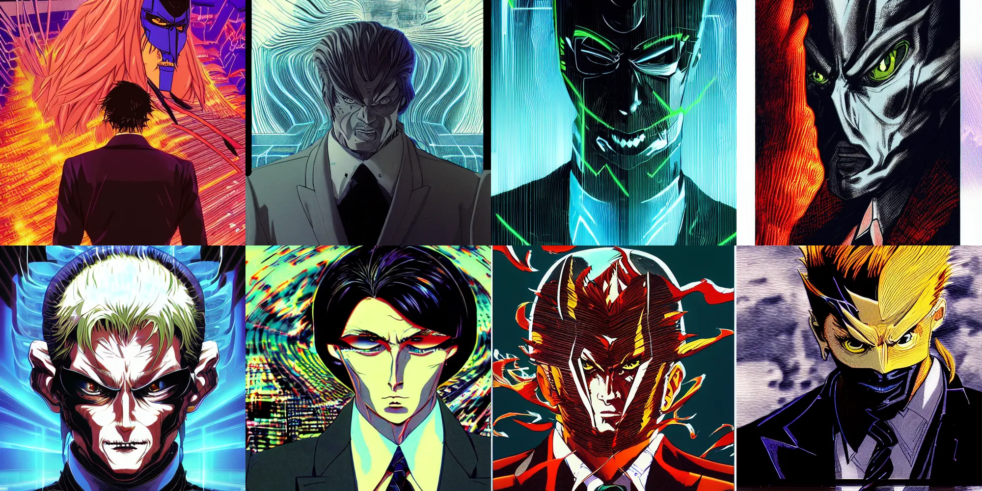 Prompt: portrait of an evil business man in concept armor, analogue interferences, by Alan Lee + Tite Kubo + Moebius, headshot, 8k vhs glitch, anime, sharp focus, smooth, sense of awe