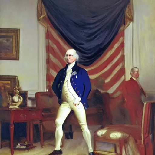 Image similar to george washington playing wii sports, oil painting, in the style of john singer sargent, detailed