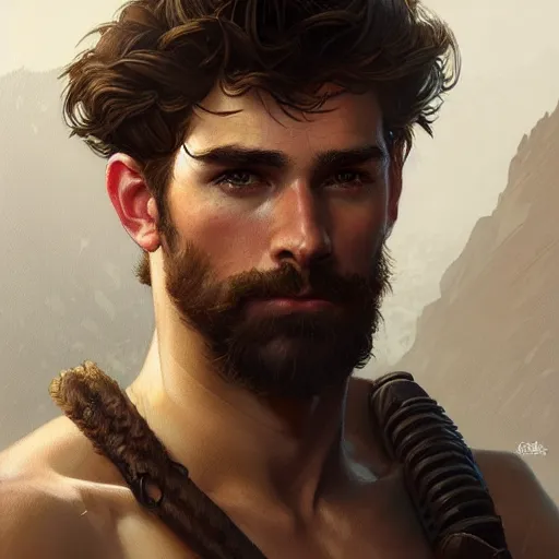 Prompt: portrait of a young rugged ranger, handsome, toned body, upper body, hairy thighs, D&D, fantasy, intricate, cinematic lighting, highly detailed, digital painting, artstation, concept art, smooth, sharp focus, illustration, art by Artgerm and Greg Rutkowski and Alphonse Mucha