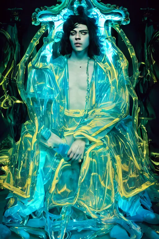 Image similar to photo of fullbody rococo and cyberpunk delicate neon crystalline sculpture of seductive muscular onyx albino marble prince joe jonas teal iridescent humanoid deity wearing yellow plastic hooded cloak holding an onyx skull in a onyx space dungeon, reclining, glowing yellow face, crown of white diamonds, cinematic lighting, photorealistic, octane render 8 k depth of field 3 d