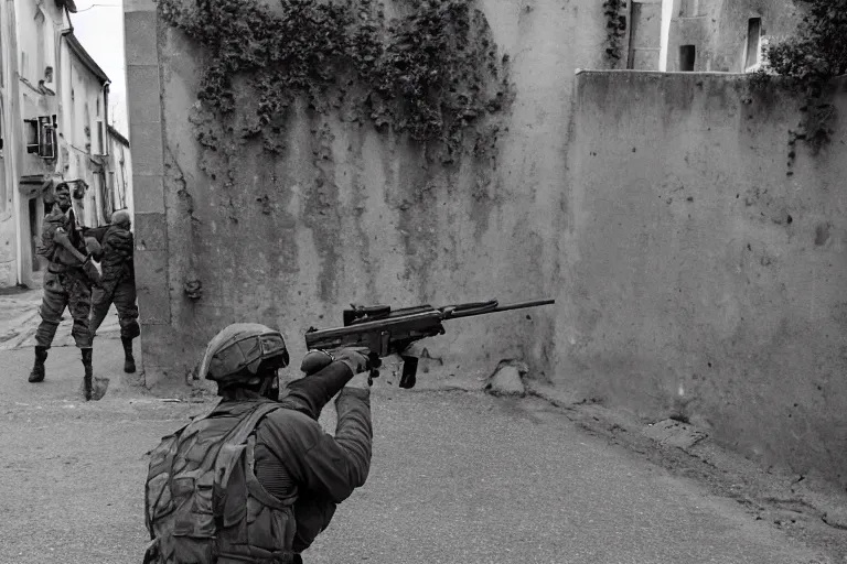 Image similar to first personal view soldier firing in the street of France, photojournalism detailed