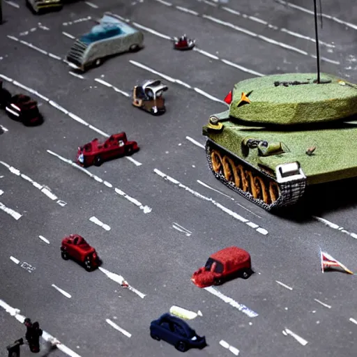 Image similar to needle felted tank man from tianenmen square protest, highly detailed, tilt shift, eerie, hyperrealism, highly textured, god rays