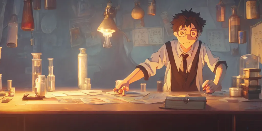 Image similar to a wizard with brown hair is standing at his desk working with jars of liquids, beakers of bubbling potions, coherent, medium shot, waist up, studio ghibli, pixar and disney animation, sharp, rendered in unreal engine 5, anime key art by greg rutkowski, bloom, dramatic lighting