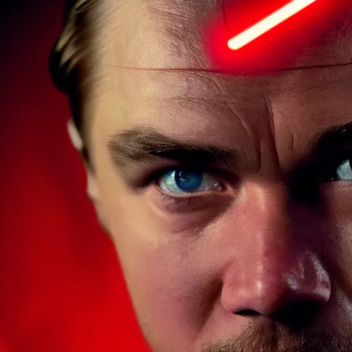 Image similar to still of leonardo dicaprio half cyborg, film grain, red glowing eyes, red lens flare