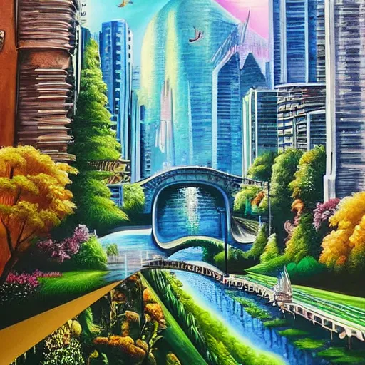 Image similar to Beautiful city of the future in harmony with nature. Beautiful detailed painting by Lurid. (2022)